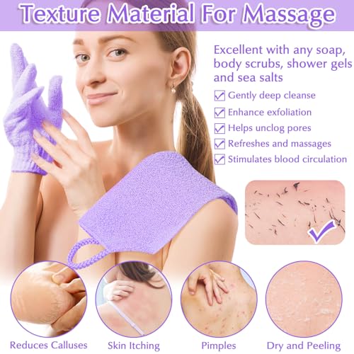 Anezus Exfoliating Back Scrubber Bath Gloves Set, Exfoliating Shower Towel with Shower Gloves for Body Scrub, Back Cleaner Wash Gloves to Remove Dead Skin (Purple) - color: Purple