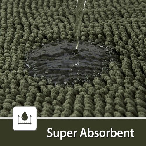 LOCHAS Bathroom Rugs Sets 2 Piece, Soft Non Slip Bath Mat Set, 20''x20'' U-Shaped Toilet Rug and 34''x21'' Olive Green Bath Rugs, Washable Absorbent Chenille Toilet Rug Set for Bathroom, Shower, Sink - color: Olive Green