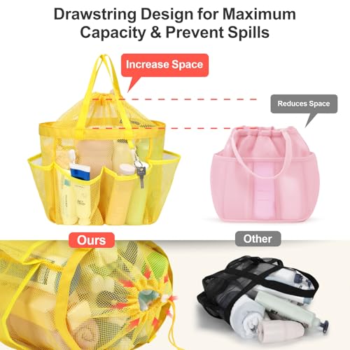 Mesh Shower Caddy Portable with Drawstring - 2-Handle Shower Bag for Dorm | 8 Deep Pockets, S-Hook, Quick-Dry Mesh, College Dorm Room Essentials for Girls, Camping, Gym, Travel, Yellow - color: Yellow with Drawstring, size: L (Classic Dorm Caddy)