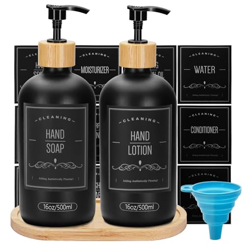 2 Pack 16 Oz Glass Soap Dispenser Set with Tray and Sticker, Hand Dish Soap Dispenser Set for Bathroom and Kitchen Bottle Dispenser with Dish Soap, Hand Soap, Lotion Sticker (Black) - color: Black