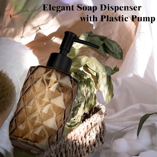1 Pack 13.5oz Glass Soap Dispenser with Plastic Pump, Diamond Stripe Design Refillable Hand Soap Dispenser for Hand Wash, Bathroom and Kitchen - color: Crystal Dark Brown