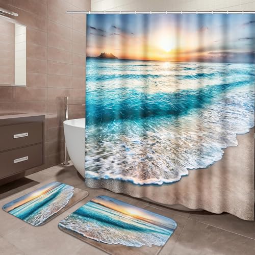 ArtSocket Beach Bathroom Set with Shower Curtain and Rugs and Accessories, Sunrise Over Sea Shower Curtain Set, Sunset Ocean Bathroom Decor 3 Pcs - color: Modern 6