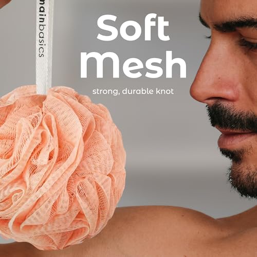 MainBasics Shower Loofah Sponge Pouf, Set of 3, Coral Reef | Soft Mesh Body Scrubber and Bath Sponge for Gentle Exfoliation, Rich Lather, and Everyday Shower Use - style: Coral Reef