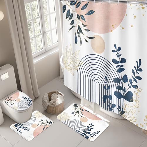 Riyidecor Boho Pink Navy Blue 4Pcs Shower Curtain Set with Toilet Lid Cover and Non-Slip Rugs, Mid Century Modern Minimalist Bathroom Decor Set，Abstract Contour and Bath Mat with 12 Hooks - color: 02pink Navy