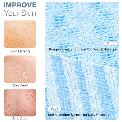 Yiclick Dual-Textured Exfoliating Washcloth Towel - Back Scrubber for Use in Shower Bath, Exfoliating Body Scrubber Exfoliator, Japanese Exfoliate Loofah Lufa Sponge Wash Cloth for Women Men - color: Sky