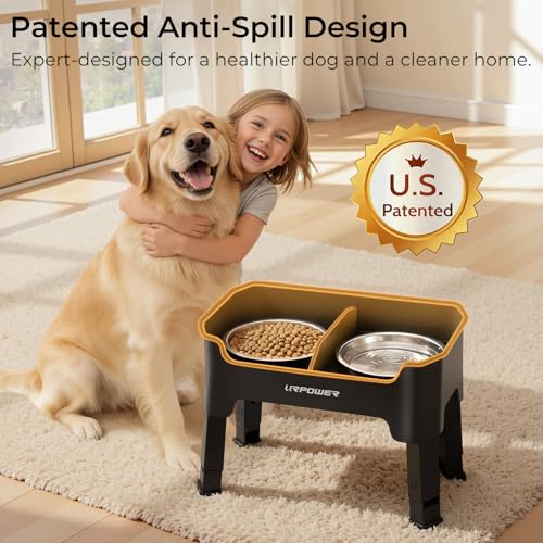 URPOWER Mess Proof Elevated Dog Bowls, High Wall Splash Guard Design, 4 Height Adjustable Raised Bowl Stand, 2 Stainless Steel Bowls, Non-Slip Food Water Set for Small Medium Large Dogs - color: Black, size: Medium