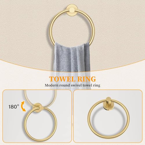 Brushed Gold Towel Bar Set 5 Pieces Round Bathroom Hardware Set Includes 23.6in Towel Bar Towel Ring Toilet Paper Holder Towel Hooks Stainless Steel Wall-Mounted Bathroom Towel Holder Set - color: 5pcs Brushed Gold