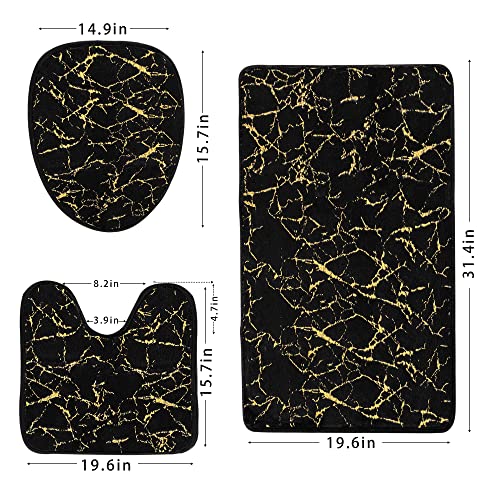 Marble 3-Piece Nonslip Black Gold Bathroom Rugs and Mats Set - Soft, Washable, Water Absorbent Shower Rug with U-Shaped Contour and Toilet Lid Cover - color: Black Gold, size: Set of 3