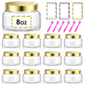 12 Pack 8 oz Plastic Cosmetic Containers With Lids Refillable Clear Empty Travle Jars Containers for Body Butter,Sugar Scrubs,Cream,Lotions,Candy, Waterproof Label&Spatulas - (Gold) - color: Clear-Glod Lid, size: 8oz-12 Packs
