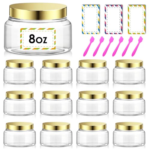 12 Pack 8 oz Plastic Cosmetic Containers With Lids Refillable Clear Empty Travle Jars Containers for Body Butter,Sugar Scrubs,Cream,Lotions,Candy, Waterproof Label&Spatulas - (Gold) - color: Clear-Glod Lid, size: 8oz-12 Packs