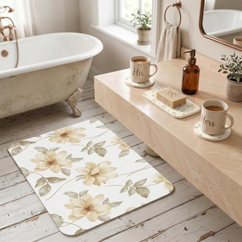 4 Pcs Diatomaceous Earth Stone Bath Mat Set, Non-Slip Super Absorbent Shower Mat (24"x16") with Stone Soap Dish & 2 Coasters, for Bathroom Floor, Vanity Counter & Kitchen Counter, Beige