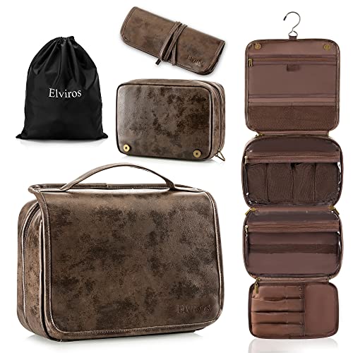 Elviros Hanging Toiletry Bag Removable Travel Bag PU leather Makeup Cosmetic Organizer Kit, Coffee | Removable Travel Organizer Bag for Cosmetics, Toiletries, Makeup Tools, and Daily Essentials with Easy Carry Design - color: Coffee, size: 1 Pack