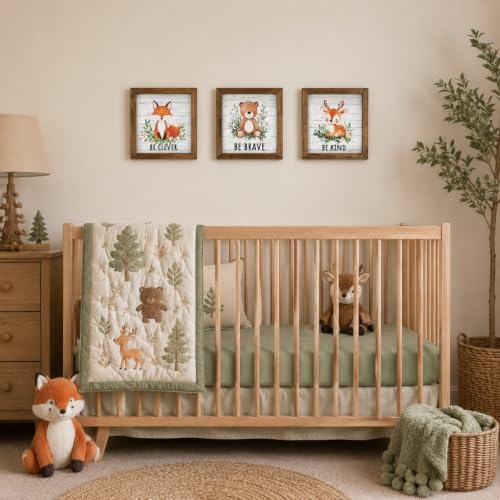 pechpell Set of 3 Woodland Forest Animal Themed Nursery Wall Shelf Decor | Wooden Cute Bear Fox Deer Sign, Creatures Pictures Decorations for Baby Shower Table, Baby Room, Above Crib, Kids Bedroom - color: white-baby