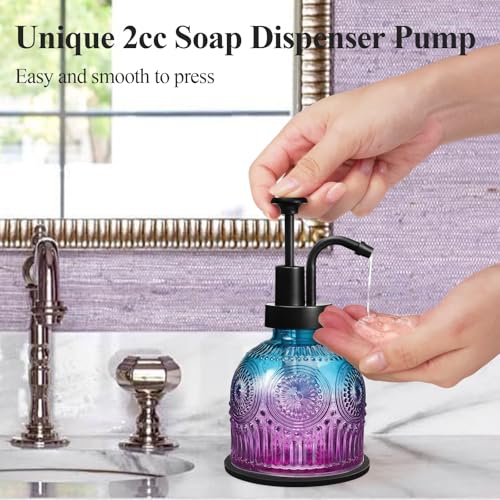 SheeChung 8Oz Vintage Glass Soap Dispenser Bathroom, Kitchen Dish Soap Dispenser with Pump, Refillable Hand Soap Dispenser, Antique Liquid Lotion Bottle, Farmhouse Decor (Purple Blue-Black Pump, 2Pcs) - color: Purple Gradient-black Pump-2 Pack