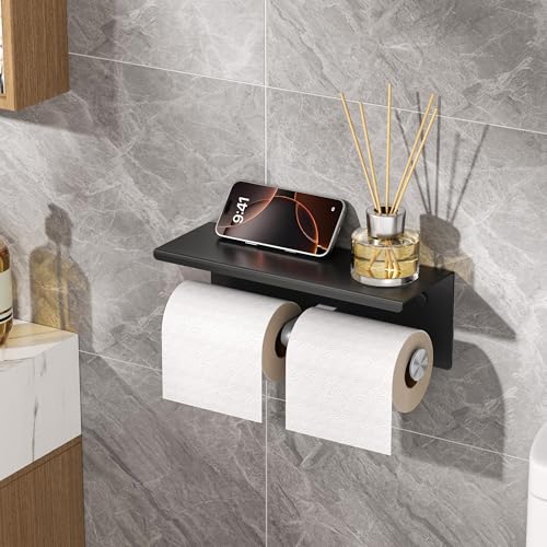 FORIOUS Double Toilet Paper Holder with Shelf, Wall Mount Tissue Roll Holder for Bathroom, 304 Stainless Steel Commercial Toilet Tissue Dispensers with Phone Shelf (1, Matte Black & Stainless Steel) - color: Matte Black & Stainless Steel