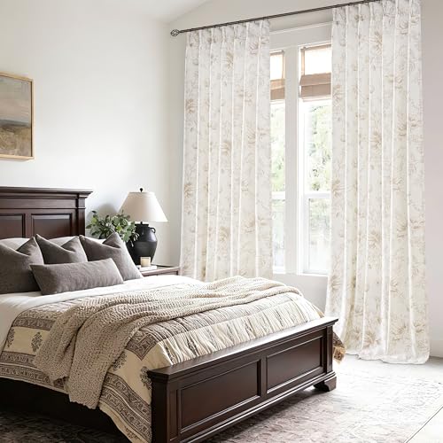 Floral Linen Curtains 120 Inches Long 2 Panels Set Extra Long Country Farmhouse Neutral Boho Pinch Pleated Peony Flower Patterned Curtain for Living Dining Room Back Tab Pleated Leaf Printed Drapes - color: Coffee, size: 40"W x 120"L (Pack of 2)