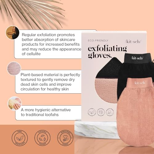 Kitsch Exfoliating Gloves 2pc – Korean Exfoliating Mitt & Deep Exfoliating Body Scrubber for Shower, Bath | Body Exfoliator, Dead Skin Remover | Skin Care for Smooth, Renewed Skin - Black & Terracotta - color: Black & Terracotta, size: 1 Count (Pack of 2)