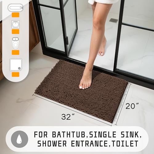 Yimobra Washable Bathroom Rugs, Super Soft & Absorbent Chenille Bath Mat for Floor & Carpet, Quick Dry Non Slip Bath Mat for Tub Shower, 32"x20",Brown - color: Brown, size: 32" X 20"