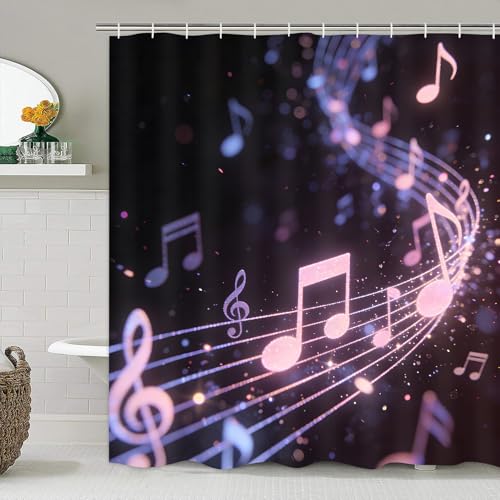 AZHM Glitter Music Note Shower Curtain Set 4 PCS Modern Black Purple Bathroom Decor Set with Non-Slip Bath Rugs, Toilet Lid Cover & U-Shaped Mat - color: Black Purple
