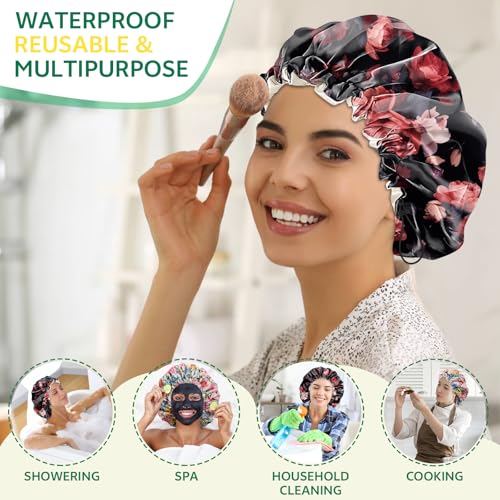 2 PCS Shower Cap Waterproof Double Layer Elastic Adjustable Reusable Hair Bath Caps for Girls Women Cute Aesthetic-Floral 1 - color: G11-Floral 1
