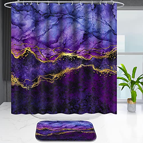 Poedist 4 Pcs Gold Edge Marble Bathroom Shower Curtain Set, Bathroom Sets with Shower Curtain and Rugs(Bath Mat,U Shape and Toilet Lid Cover Mat) and 12 Hooks-Purple - color: Purple Yellow