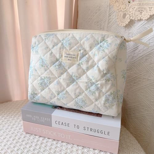Sminra Makeup Bag Large Travel Quilted Cosmetic Makeup Bag Organizer, Floral Cotton Coquette Aesthetic Toiletry Bag for Women Girls (Blue Romantic Rose) - color: Blue Romantic Rose
