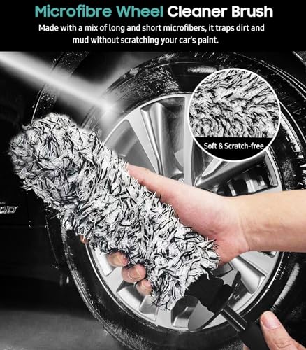 YeewayVeh 3PCS Wheel Cleaning Brush, Microfiber Flat Wheel Rim Cleaner Brush with 2 Extra Replaceable Cover, Car Cleaning Brush Kit for Wheels Tire Fenders Engine Exhaust Tips, Black&White - color: Black/White, size: 3 Pack