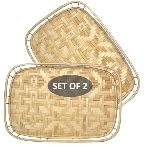 PEMAR Extra Large Bamboo Serving Trays with Handles, Set of 2 Measuring 19.3" x 13.8" Large Woven Dinner Tray, Rustic Wicker Rattan Tray Style for Eating, Bed Breakfast, Couch TV Lap Tray - size: 19.3" x 13.8" x 2"
