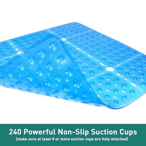 Large Square Shower Mat 27 x 27 Inch Clear Blue, Non Slip Shower Bathtub Mats for Inside Shower with Big Suction Cups Drain Holes, Anti Slip Bathroom Floor Stall Mats, Easy Clean, BPA-Free - color: Clear Blue