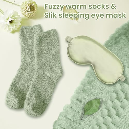 Birthday Gifts for Women, Personalized Self Care Gift Basket with 50"x60" Flannel Blanket, Spa Gift Set for Mom, Sister, Friend, Wife, Coworker, Thinking of You Care Package - color: Sage Green-10 Pc