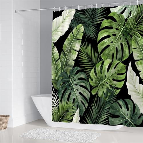 LQCOOL 4Pcs Black Green Shower Curtain Set, Modern Minimalist Bathroom Sets, Abstract Botanical Bathroom Sets with Shower Curtain and Rugs, Tropical Palm Leaves Shower Curtain with 12 Hooks - color: Balck Green