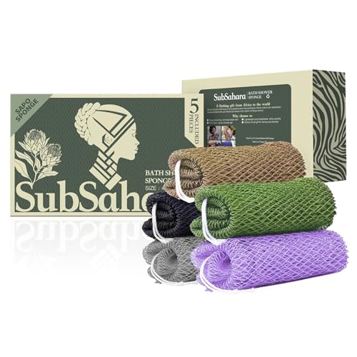 SubSahara Authentic African Net Sponge - 5 Pack Exfoliating Bath & Shower Loofah Sponge for Body & Face, Gentle Scrubber for All Skin Types, Travel, Durable - color: Green,gray,brown,black,purple