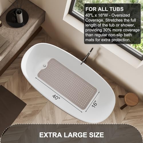TEESHLY Bath Tub and Shower Mats, Non Slip 40 x 16 Inch Extra Long Bathtub Mat, Machine Washable Bathmat with Drain Holes, Suction Cups for Bathroom Floor, Tan - color: Tan