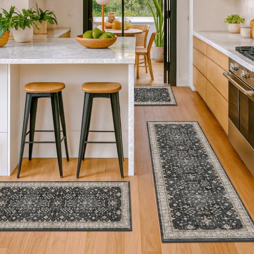 Black Boho Kitchen Rugs Set of 3, Non-Slip Machine Washable Kitchen Floor Mats, Low-Pile Runner Rug for Sink, Entryway, Bathroom, Laundry Room, Bedroom, Vintage Farmhouse Design - color: Ashen / Multi