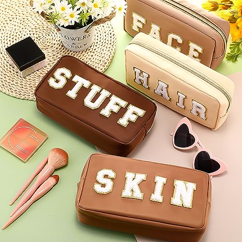 Preppy Makeup Bags Chenille Letter Stuff Bag Nylon Cosmetic Pouch Cases with Zipper for Women Travel Toiletry(Brown Set,Classic,4 Pcs) - color: Brown Set, size: Classic