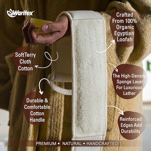 Waritex Organic Egyptian Extra-Long Loofah Exfoliating Back Scrubber | Natural Loofah Fiber Exfoliating Body Scrubber for Shower Deep Clean, Hard-to-access Body and Back Areas for Men and Women