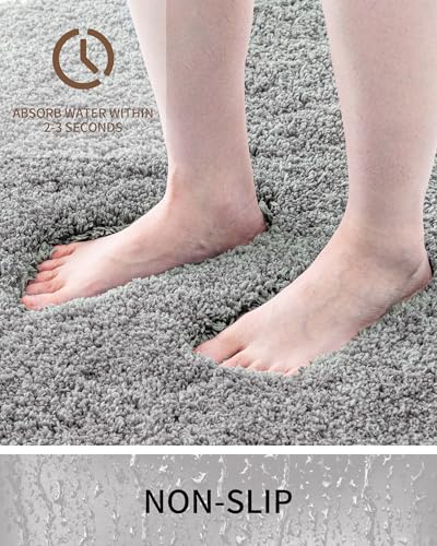 Bathroom Rugs Non Slip Washable, Ultra Thick Soft Microfiber Absorbent Bath Mats, High Density Foam Latex Non Slip Backing Bath Rugs, Fluffy Floor Carpet for Tub&Shower 24x17, Grey - color: Grey, size: 24" X 17"(Small Bathroom Rug)