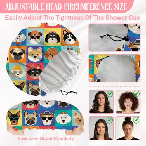 Funny Dog Reusable Shower Cap Cute Double Layer Waterproof Shower Caps Large Elastic Hair Cover Adjustable Hair - Drying Caps for Woman Man Bath SPA Travel One Size Fits Most - color: Funny Dog