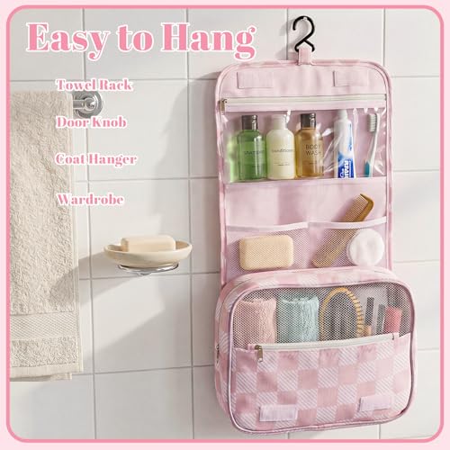 Pengxiaomei Toiletry Bag for Women, Pink Waterproof Hanging Cosmetic Bag Portable Makeup Pouch Multifunction Handle Travel Toiletry Bag for Teen Girl Gifts - color: Pink square
