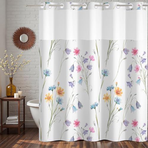 Shower Curtain with Large Flower Pattern 0517 - color: Blue and Pink