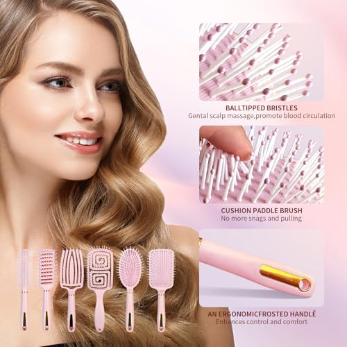 11PCS Hair Brush Set, Round Brush and Paddle Hair Brush Great On Wet Long Thick Hair, Detangling Brush and Spray Bottle for Wavy Curly Hair Pink