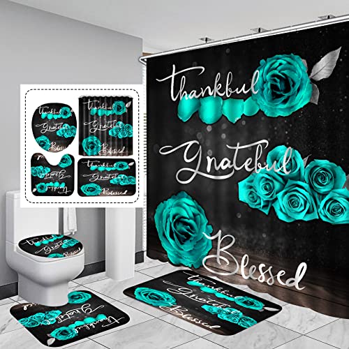 4Pcs Teal Rose Shower Curtain Set, Thankful Grateful Blessed Turquoise Bathtub Curtain with Non-Slip Rug, Toilet Lid Cover, Bath Mat and 12 Hooks, Romantic Green Floral Bathroom Decor, 72 x 72 inch - color: Green