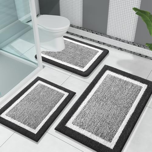 OLANLY Bathroom Rugs Sets 3 Piece, Soft Absorbent Microfiber Bath Mats and U-Shaped Contour Toilet Rug, Non-Slip, Home Decor Accessories, Bath Mat Set for Bathroom (30"x20"+24"x16"+24"x20", Black) - color: Black, size: 30" X 20" + 24" X 16" + U Shape 24"