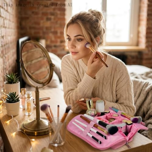 Travel Makeup Bag for Women, Waterproof Stand Up Cosmetic Bag with Brush Holders, Organizer Bag with Compartments, Fold-Down Design for Skincare, Toiletries & Essentials (Pink, Medium) - color: Pink, size: Medium