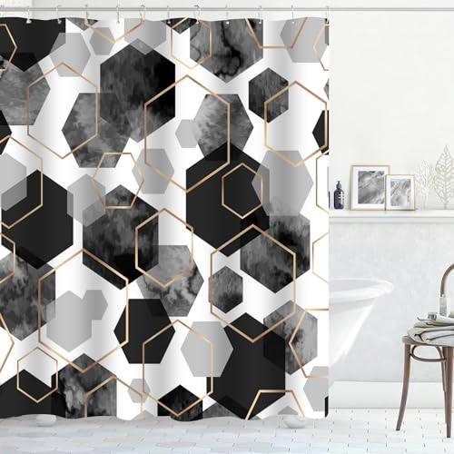 4Pcs Black White Geometric Shower Curtain Set, Neutral Modern Art Deco Shower Curtain with Hooks, Elegant Trendy Simple Bathroom Sets with Shower Curtain and Rugs, 71 * 71in - color: Black