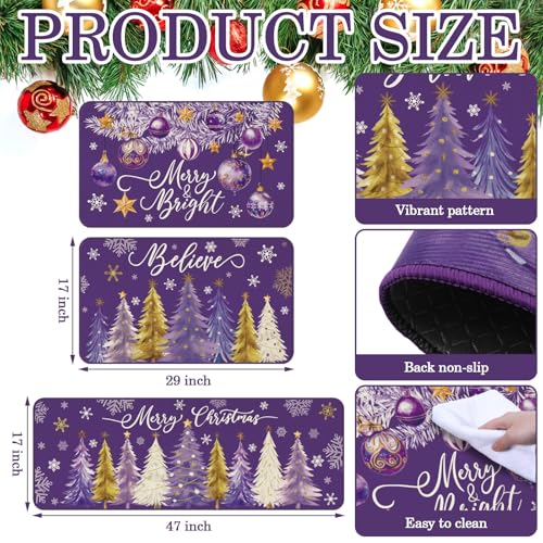 Drydiet 3 Pcs Purple Christmas Kitchen Rug and Mat Set Washable Purple Xmas Tree Kitchen Floor Mats Waterproof Non Slip Farmhouse Merry Christmas Doormat Holiday Xmas Decor for Home Office Bathroom - color: Purple, style: Christmas Tree