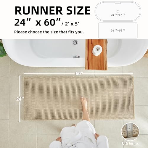 TYUU Pale Beige Long Bathroom Rug, Waffle Runner Rug Bathroom Non Slip Washable Super Absorbent Quick Dry Boho Farmhouse Bath Mat, 60''x24'' Pale Beige - color: Pale Beige, size: 2' X 5' (Runner)