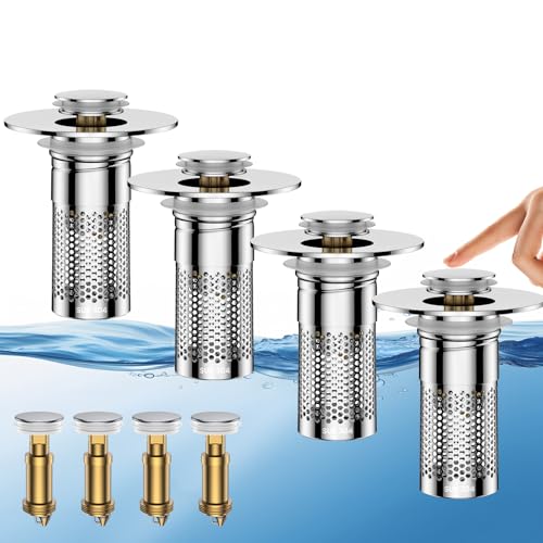 Bathroom Sink Drain Strainer,Universal Pop-Up Sink Stopper Hair Catcher, Stainless Steel Anti-Clog Drain Filter Basket, Removable Sink Drain for Bathroom Sink Stopper Replacement (Silver-4pcs) - color: Silver-4pcs