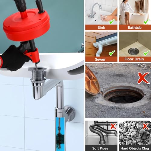35 FT Double Mode Drain Snake Tools, 11-in-1 Drain Auger for Sink and Drain Unblocking, Plumbing Snake for Kitchen, Bathrom and Shower Sink, Snake for Real DYIs (Red) - color: 35ft-red&black