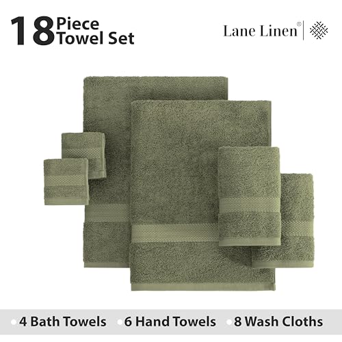 LANE LINEN 100% Cotton Bath Towel Set of 18 - Softer, High Absorbency & Durable - 4 Bath, 8 Wash Cloth, 6 Hand Towels for Bathroom - Premium Look, Spa Quality, Solid Dyed Towels - Oil Green - color: 07: Oil Green, size: 18 Piece Towel Set